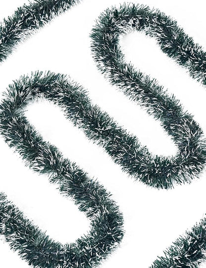 Lush Christmas Tinsel Garland, Dark Green & White Radiant Metallic Twist Streamers for Holiday Decor, Plush & Full Xmas Tree Garland for an Elegant Festive Atmosphere, Indoor & Outdoor Party Supplies