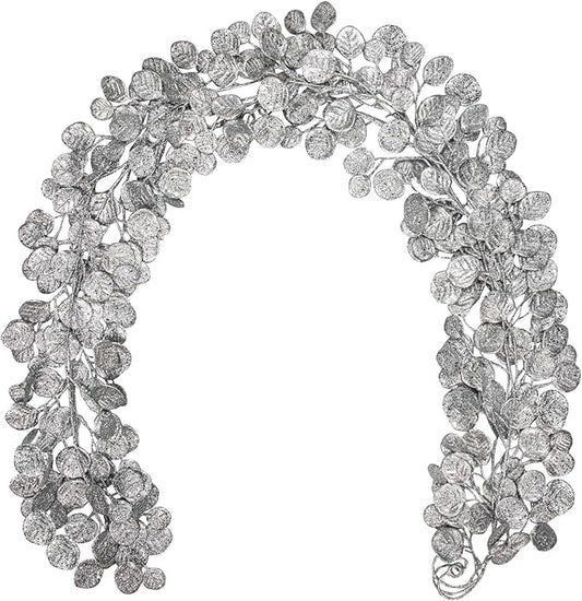 3 Pcs 6FT Christmas Garland Silver Glittered Artificial Eucalyptus Leaves for Mantle Christmas Tree Decorations Indoor Outdoor Hanging Garland Ornaments Garden Door Window Stair Holiday Home Decor