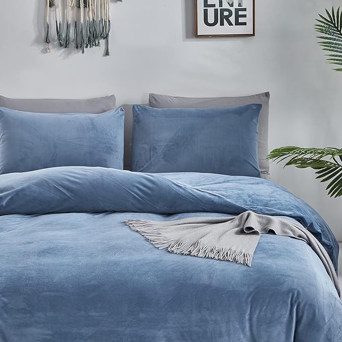 Pureant Blue Fluffy Comforter Set California King Lake Blue Velvet Bedding Comforter Sets for Men Boys Solid Color Cal King Comforter Soft Plain Grayish Quilts Haze Blue Flannel Blanket Breathable