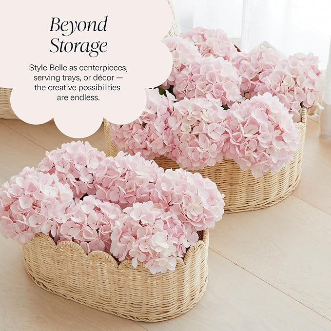 BEBE BASK Premium Scalloped Basket Set Of 2 - Scallop Basket - 16 x 10 x 7 Inch - Hand-Woven Elegant Wicker With Scalloped Edge - Nursery Storage (Natural)