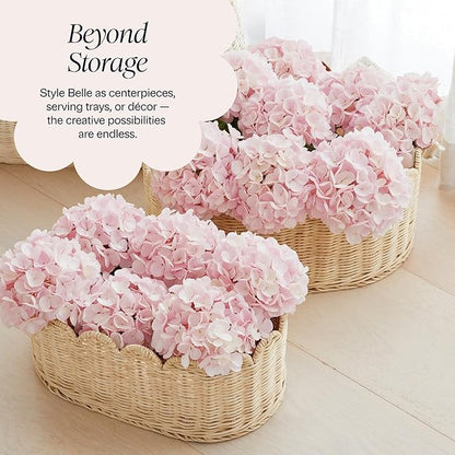 BEBE BASK Premium Scalloped Basket Set Of 2 - Scallop Basket - 16 x 10 x 7 Inch - Hand-Woven Elegant Wicker With Scalloped Edge - Nursery Storage (Natural)