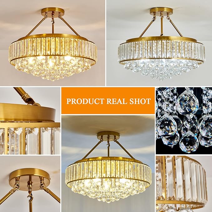 YYJLX 6-Light Modern Large Crystal Chandelier Gold Metal E26 Semi Flush Mount Round Ceiling Light Fixture Ceiling Lamp Farmhouse for Dining Room Living Room Laundry Room Foyer Kitchen Bedroom