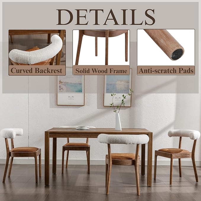 Wood Dining Chairs Set of 2, Mid Century Modern Living Room Chairs with Unique Curved Sherpa Open Back Comfy PU Upholstered Side Chair for Kitchen/Restaurant/Reception, Brown