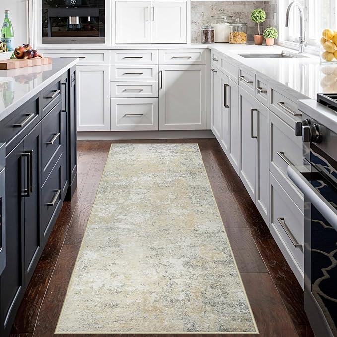 Runner Rug for Hallways Kitchen 2'6"x8' Washable Non Slip: Carpet Non Skid 8ft Entryway Rubber Backed 8 Feet Neutral Abstract Modern Rug Low Pile Pet Friendly Indoor Beige Grey