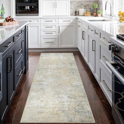 Runner Rug for Hallways Kitchen 2'6"x8' Washable Non Slip: Carpet Non Skid 8ft Entryway Rubber Backed 8 Feet Neutral Abstract Modern Rug Low Pile Pet Friendly Indoor Beige Grey