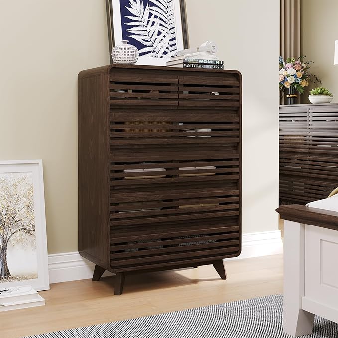 Walnut Dresser for Bedroom, Tall Dresser with 6 Drawers, Chests of Drawers with Grille & Curved Design, Fluted Dressers Slides Pre-Installed, Wood Large Drawer Organizer for Bedroom Hallway