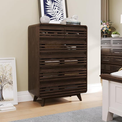 Walnut Dresser for Bedroom, Tall Dresser with 6 Drawers, Chests of Drawers with Grille & Curved Design, Fluted Dressers Slides Pre-Installed, Wood Large Drawer Organizer for Bedroom Hallway