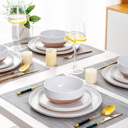 AmorArc 32 Pieces Ceramic Dinnerware Sets for 8, Handpainted Plates and Bowls Set with Rustic Terracotta Underside, Scratch Resistant Stoneware Dishes Set, Dishwasher & Microwave Safe, White