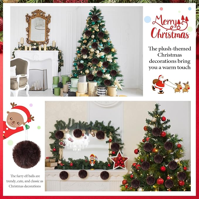12Pcs Furry Christmas Ball Ornament for Xmas Tree Brown Soft Faux Fur Pom Pom Ball Ornaments Christmas Tree Hanging Decorations for Winter Party Home Decor Costume Supplies