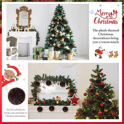 12Pcs Furry Christmas Ball Ornament for Xmas Tree Brown Soft Faux Fur Pom Pom Ball Ornaments Christmas Tree Hanging Decorations for Winter Party Home Decor Costume Supplies