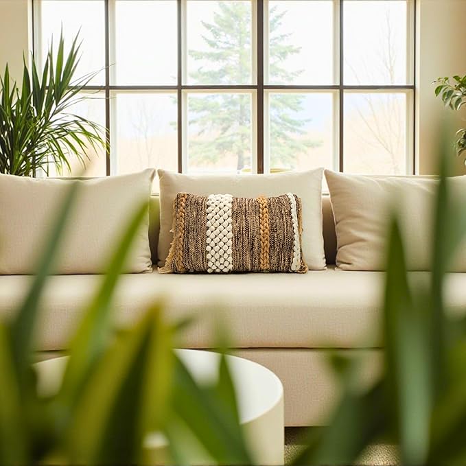 Decorative Boho-Chic Lumbar Pillow Cover 12x20 Premium Handwoven Tufted Cotton &Wool Accent Pillows, Earthy Color Throw Cushion, Farmhouse & Bohemian Home Decor (Limited Edition Cover Only)