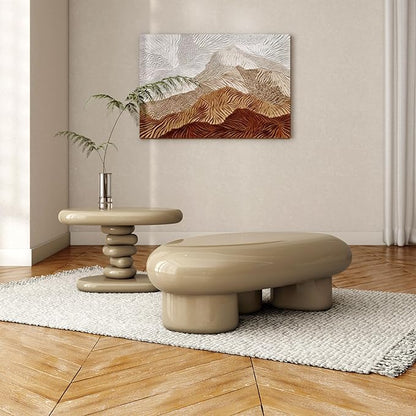 24/7 Shop at Home Kavren Modern 37-inch 2-Piece Oval Glossy Low Profile Coffee Table Set, Stone Shape Living Room Furniture for Small Space, Light Brown