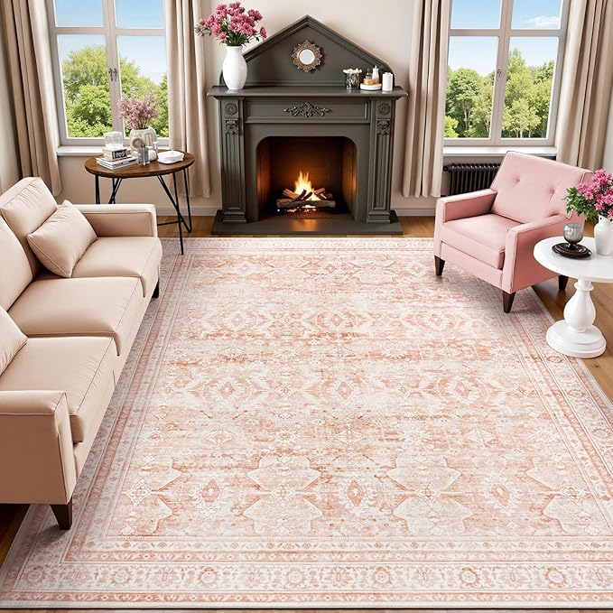 Lofus 8x10 Area Rug for Living Room,Pink Washable Area Rugs with Non-Slip Backing,Soft Boho Carpets for Bedroom Dining Room Home Office Indoor Nursery