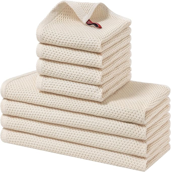 Homaxy 100% Cotton Kitchen Towels and Dishcloths Set, 12 x 12 Inches and 13 x 28 Inches, Set of 8 Bulk Kitchen Towels Set, Ultra Soft Absorbent Dish Cloths for Washing Dishes, Beige