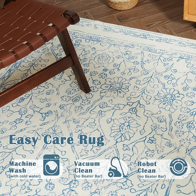jinchan Vintage Floral Washable Area Rug 6x9 Distressed Faux Wool, Blue