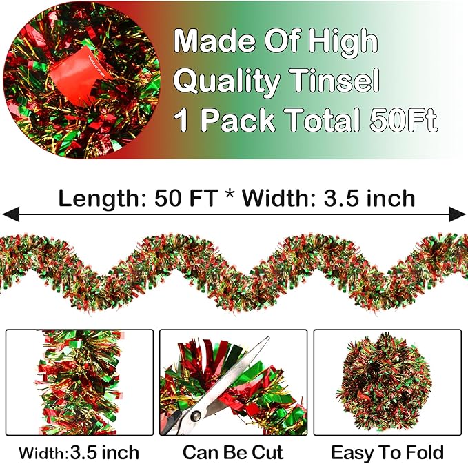LEASEN 50 FT Christmas Tinsel Garland Metallic Tinsel Twist Garland Glitter Christmas Tree Decorations in Red, Green and Gold