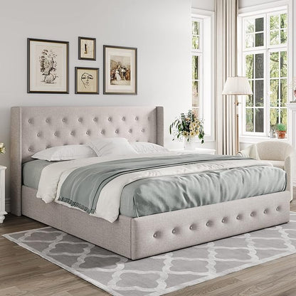 Allewie Queen Size Lift Up Storage Bed, Button Tufted Headboard with Wingback, Hydraulic Support, No Box Spring Needed, Light Beige