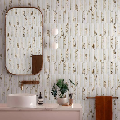 Vamos Tile Peel and Stick Backsplash Seamless Tile,10 Sheets Stick on Backsplash for Kitchen and Bathroom, 12''x12'' White Marble Look PVC Mixed Metal Gold Self Adhesive Fish Scale Mosaic Wall Tiles