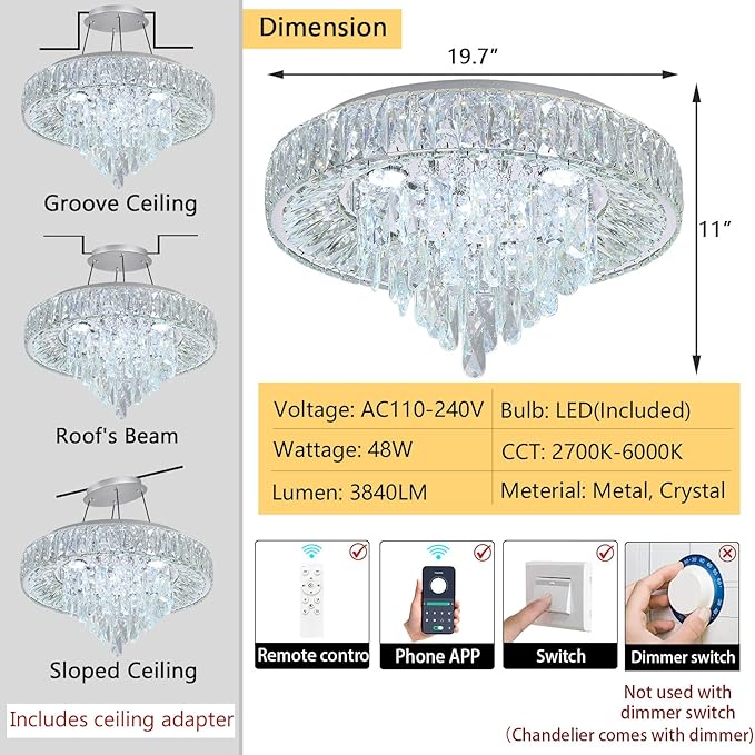 Modern Crystal Chandeliers for Dining Room LED Light Fixture Close to Ceiling Chandelier Flush Mount Ceiling Light Dimmable Lamp with Remote for Living Room Bedroom Hallway 2700K 6000K