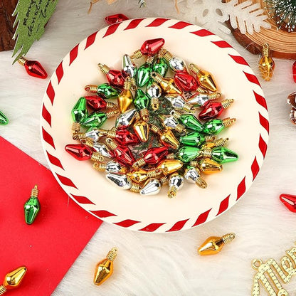 Jansun 60PCS Christmas Mini Light Bulb Balls Ornaments, Miniature Xmas Tree Hanging Decorations Small Vintage Glitter Lightbulb Balls for Holiday Party Outdoor Indoor DIY Craft Decor Supplies
