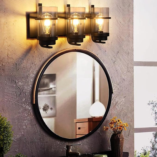 Bathroom Vanity Light Fixtures,Rustic Matte Black Vanity Lights 3 Bulb,Industrial Bathroom Light 3 Pack Sconce(Bulbs not Included)