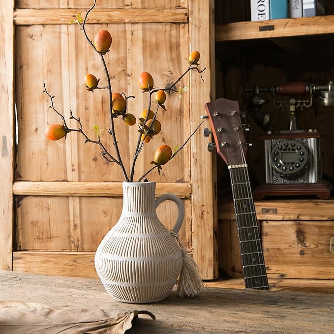 Rustic Ceramic Vase for Home Decor, Farmhouse Decorative Vases for Pampas Grass, Terracotta Vase with Tassel Design, Handle Flower Vase, Clay Vase for Living Room Decoration, 8 inch Tall
