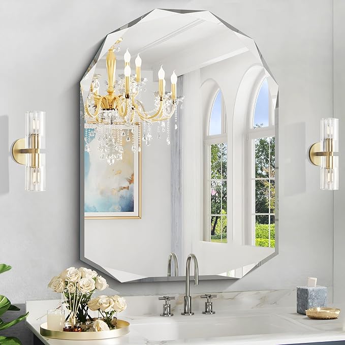KOCUUY 30"x40" Frameless Wall Mirror, Arched Shape with Diamond-Shaped Beveled Edge,Unframed Decorative with Upgraded Shatterproof Glass,Unique Frameless Mirror for Bathroom,Living Room,Bedroom