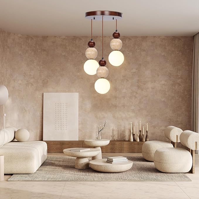 Wabi Sabi Pendant Light,3-Light Travertine Stone Fixture-Japandi Japanese Style Lamp,Nordic Wood Chandelier,Spherical Scandinavian Pendant Light Suits Kitchen Islands,Dining & Living Rooms(Walnut)