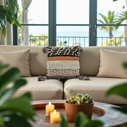 Throw Boho Pillow Cover, 18”x18” Bohemian Moroccan Rustic Decorative Pillows with Tufted Accents, Plush Handwoven Cotton, Textured Woven Neutral Farmhouse Scandinavian Home Decor