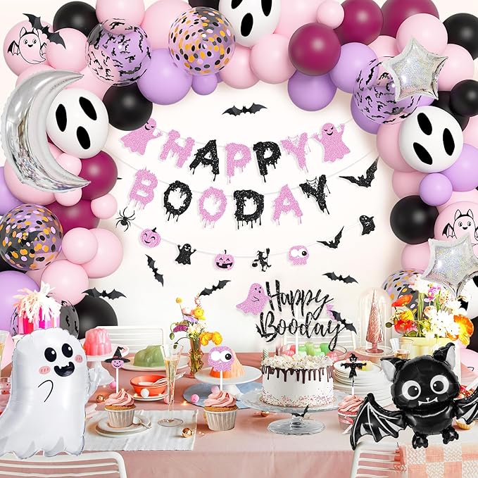 Amandir Pink Purple Halloween Birthday Party Decorations, Happy Boo Day Glitter Banner Halloween Balloon Arch Garland kit Foil Bat Ghost Balloons Cake Topper for Kids Girl Spooky Baby Shower Supplies
