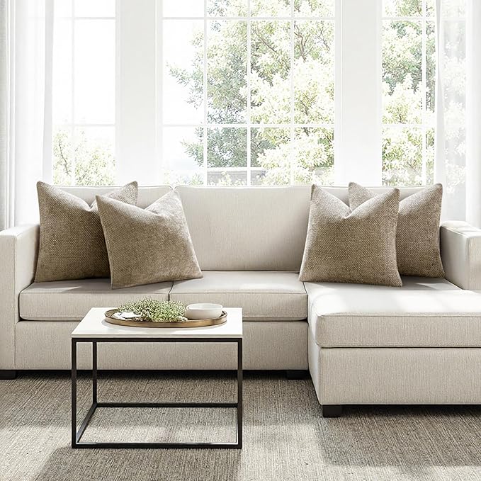 MIULEE Pack of 4 Throw Pillow Covers 18x18 Inch Khaki Soft Decorative Chenille Pillow Covers Farmhouse Accent Cushion Covers for Boho Home Decor Bedroom Living Room