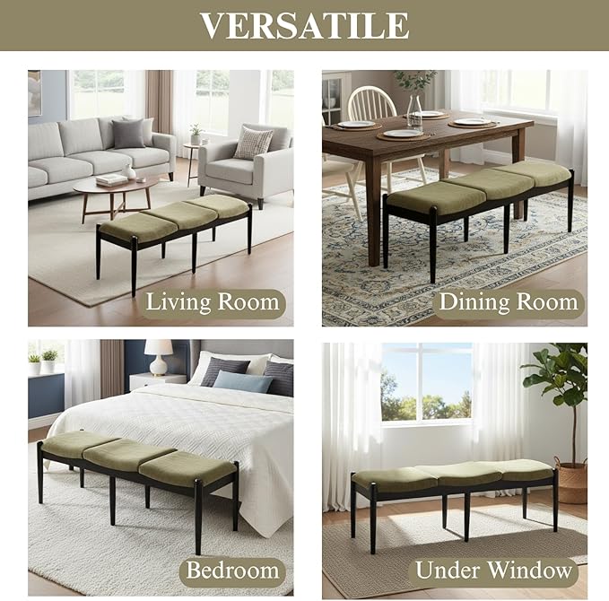 DUOMAY 55'' Modern Ottoman Bench, Chenille Upholstered Entryway Bench Bedroom Bench with Wood Legs, End of Bed Bench for Bedroom, Living Room, Corners, Kitchen, Green