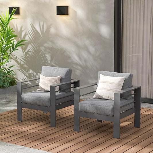 Wisteria Lane 2 Pieces Patio Furniture Aluminum Outdoor Chair, All-Weather Outdoor Single Chair, Grey Metal Chair with Dark Grey Cushions