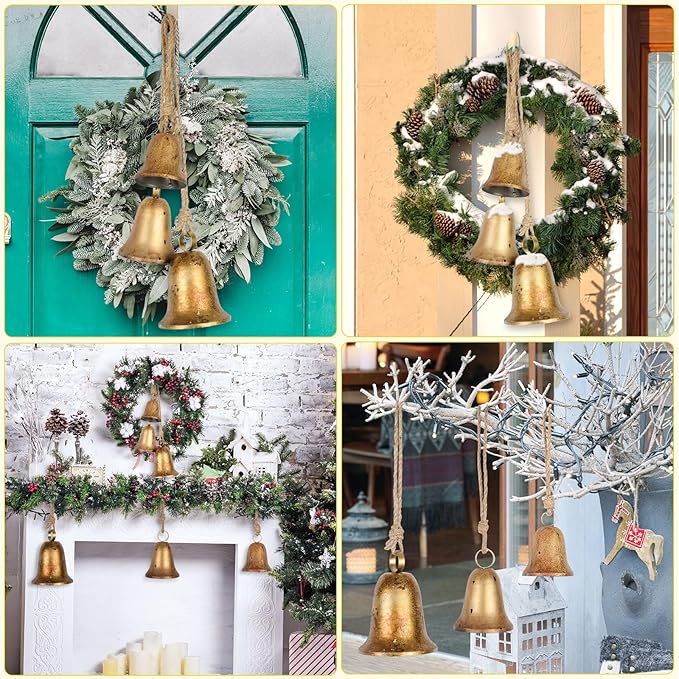 Styleonme Decorative Bells, Classic Bell-Shaped Bell, Vintage Handmade and Rustic Lucky Christmas Bells Hanging on a Rope, Gifts for Mom, Grandma, and Women