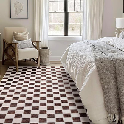 EVERGRACE Checkered Plaid Area Rug, 9x12, Soft Faux Wool, Washable, Anti Slip, Large Carpet for Entryway, Bedroom, Living Room, Hallway, Kitchen, Dining Room, Dark Brown