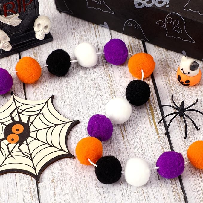 MARFOREVER 4 Pack 26.3 FT Halloween Felt Ball Garlands, Halloween Decorations 30 Balls Black Orange White Purple Pom Pom Garlands Hanging Supplies for Fall Halloweens Holiday Party Home Wall Decor