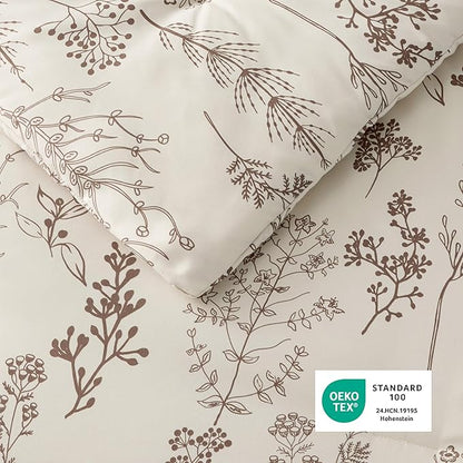 Bedsure King Comforter Set - Beige Bed Set, 3 Pieces Cute Floral Bedding, 1 Soft Botanical Flowers Comforter and 2 Pillow Shams