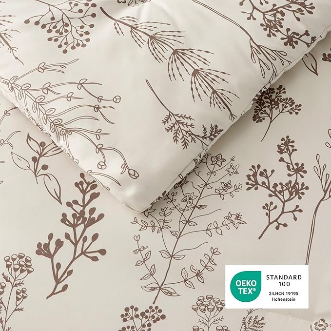 Bedsure Queen Comforter Set - Beige Bed Set, 3 Pieces Cute Floral Bedding, 1 Soft Botanical Flowers Comforter and 2 Pillow Shams