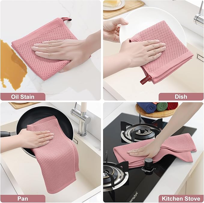 Homaxy 100% Cotton Kitchen Towels and Dishcloths Set, 12 x 12 Inches and 13 x 28 Inches, Set of 12 Bulk Kitchen Towels Set, Ultra Soft Absorbent Dish Cloths for Washing Dishes, Dried Rose