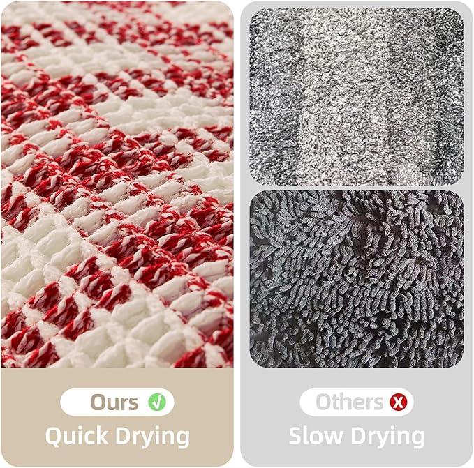 Waffle Runner Rug Bathroom, Long Boho Bathroom Rugs Non Slip Washable Absorbent Checkered Bathroom Mat Quick Dry Cute Bath Mat, 60"x24" Red and White