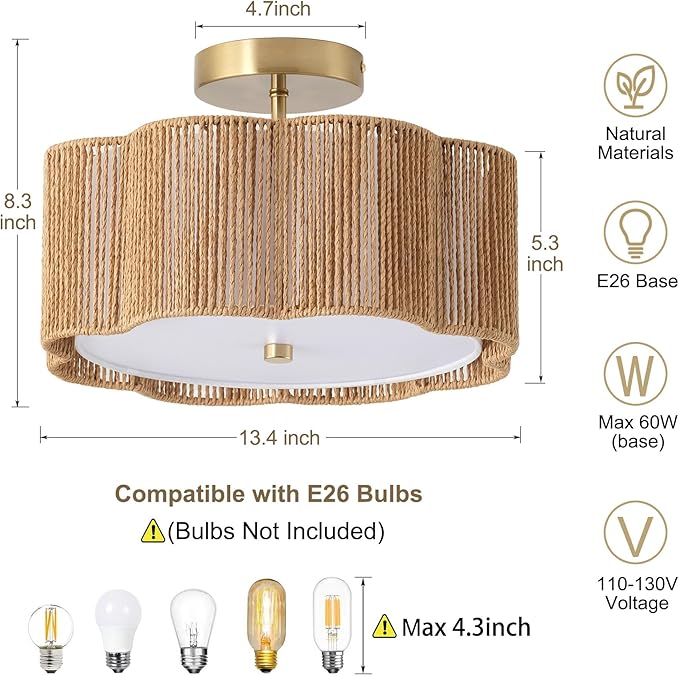 Rattan Ceiling Light Fixtures Flush Mount,3-Light Boho Light Fixtures Ceiling Mount for Bedroom,Close to Ceiling Light Modern Rattan Chandelier Lighting for Hallway Kitchen Dining Room(Yellow)