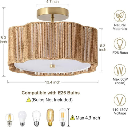 Rattan Ceiling Light Fixtures Flush Mount,3-Light Boho Light Fixtures Ceiling Mount for Bedroom,Close to Ceiling Light Modern Rattan Chandelier Lighting for Hallway Kitchen Dining Room(Yellow)