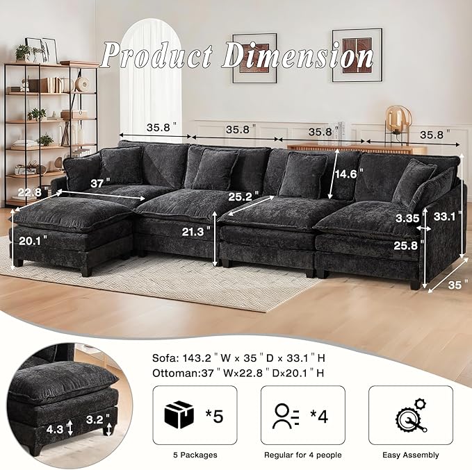SoarFlash 143.2" Chenille Sectional Sofa, Comfy L Shaped Modular Coush Sofa with Ottoman, Modern 4 Seat Couch Deep Seat Sofa Set for Living Room,Black