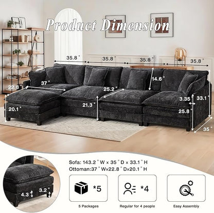 SoarFlash 143.2" Chenille Sectional Sofa, Comfy L Shaped Modular Coush Sofa with Ottoman, Modern 4 Seat Couch Deep Seat Sofa Set for Living Room,Black