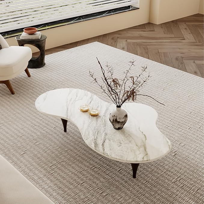 54.7" Irregular Modern Coffee Table Unique Wave-Shaped Design, Sintered Stone Living Room Table with Wood-Like Texture Metal Legs, Easy Assembly Cloud Tea Table for Living Room, Bedroom