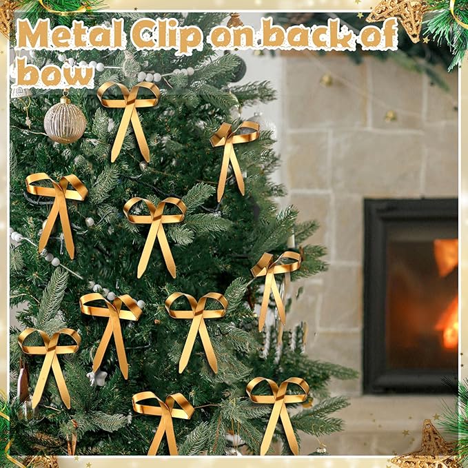 24 Pcs 2025 Metal Christmas Bow Ornaments for Christmas Tree Garland Wreath Bulk Bow with Clip Ornament Vintage Indoor Outdoor Home Xmas Party Decorations, 4 x 5 Inches (Gold)