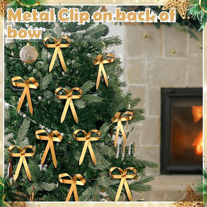 24 Pcs 2025 Metal Christmas Bow Ornaments for Christmas Tree Garland Wreath Bulk Bow with Clip Ornament Vintage Indoor Outdoor Home Xmas Party Decorations, 4 x 5 Inches (Gold)