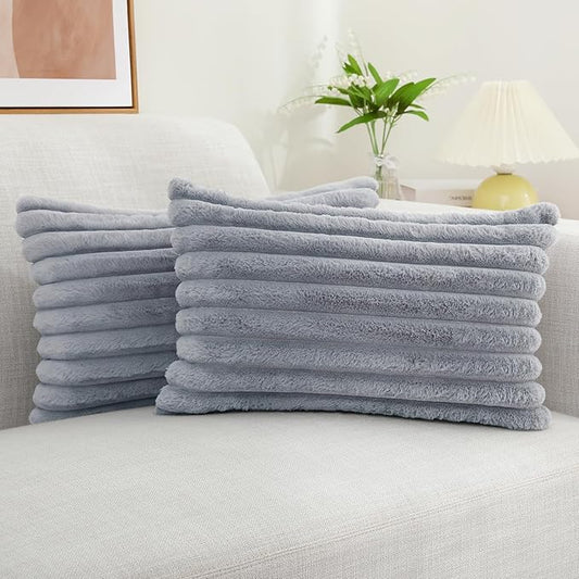 decorUhome Faux Fur Throw Pillow Covers 12x20 Set of 2, Decorative Soft Plush Striped Lumbar Neutral Euro Pillow Covers with Velvet Back for Bed, Living Room Home Decor, Grey