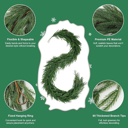 6FT Christmas Garland,Flexible Greenery Artificial Norfolk Pine Garland for Fireplace Mantel Staircase Front Door Table Centerpiece, Indoor Outdoor Holiday Decor with Realistic Pine Needles (1)