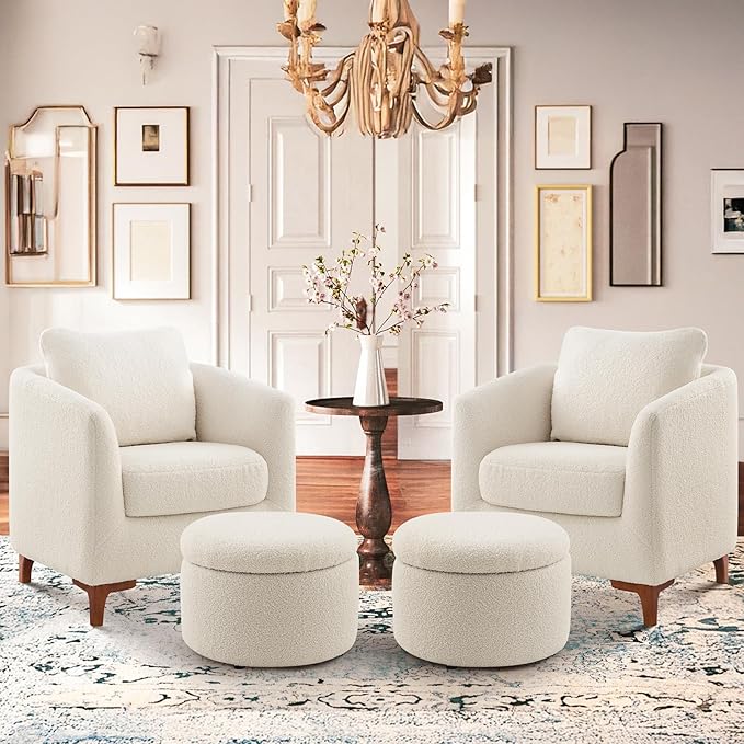 COLAMY Sherpa Accent Chair and Storage Ottoman Set of 2, Modern Upholstered Living Room Chair with Foot Rest, Armchair with Back Pillow and Wooden Legs for Living Room, Bedroom, Classic Cream